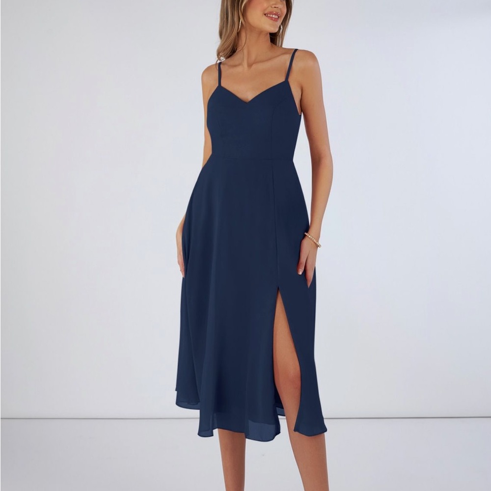 Azazie Clarissa Bridesmaid Dress Size A4 Tea Length. Chiffon. Dark Navy. Padded.